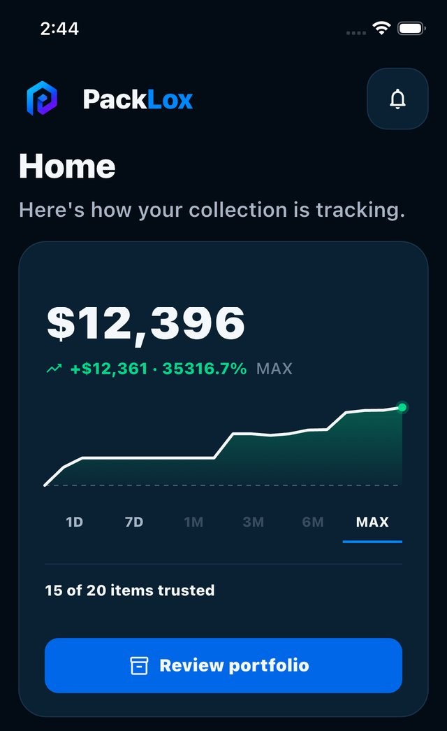 The PackLox Home screen showing a portfolio value of $12,396